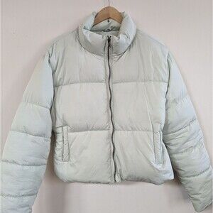 Double Zero quilted crop cropped puffer jacket coat L Large pale blue green